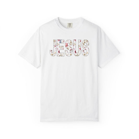 Floral Jesus Christian Cross Word Art  T-Shirt  Jesus Christ Bible Verse Graphic Tee Religious Gift