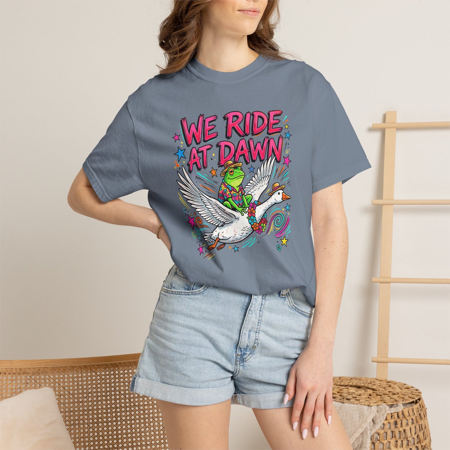 Funny Frog Riding Goose Shirt We Ride At Dawn Meme Tee Tropical Hawaiian Frog Top Retro Neon Shirt