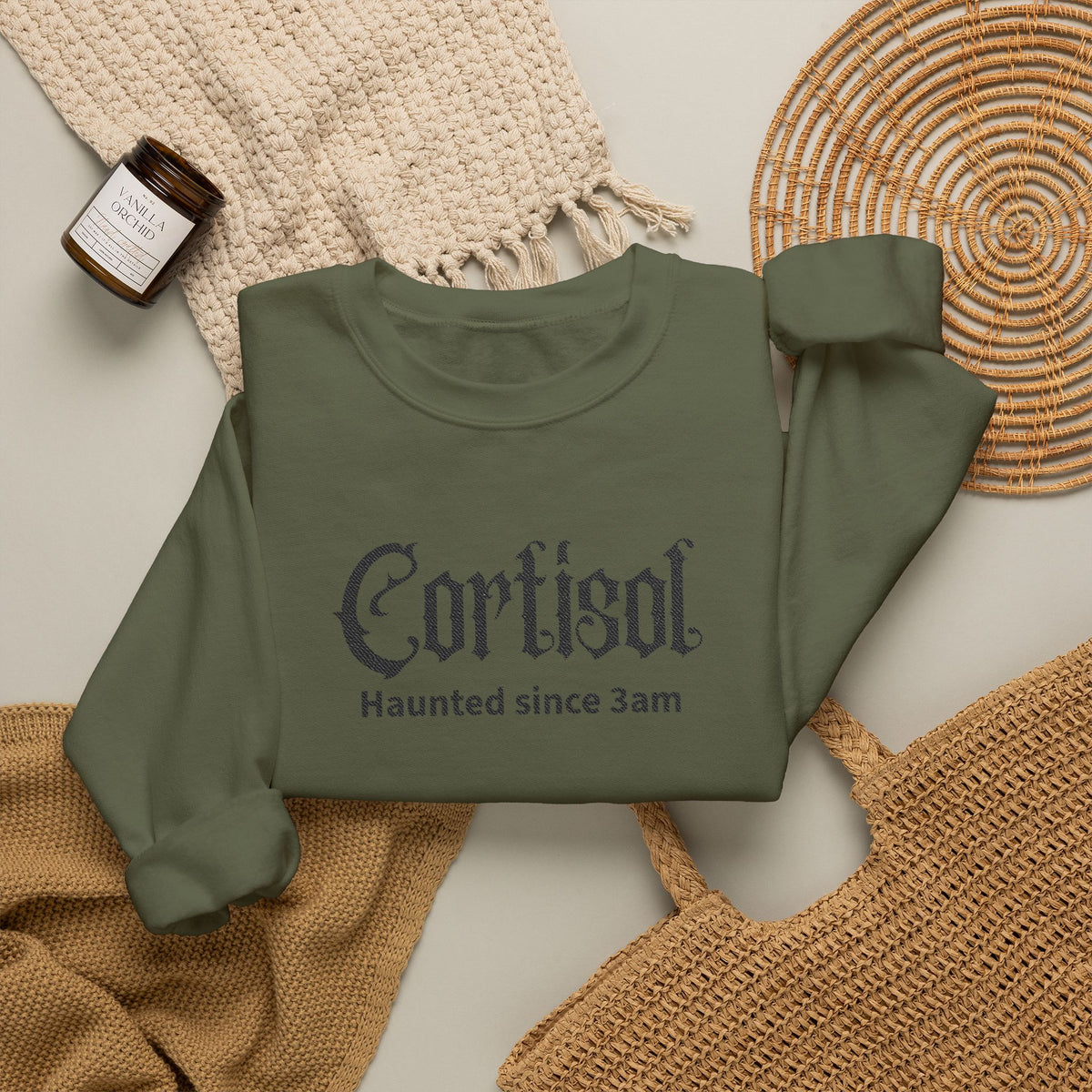 Embroidered Cortisol Sweatshirt, Haunted Since 3am Crewneck, Gothic Insomnia Stress Pullover, Funny Mental Health Fall Spooky Season Sweater