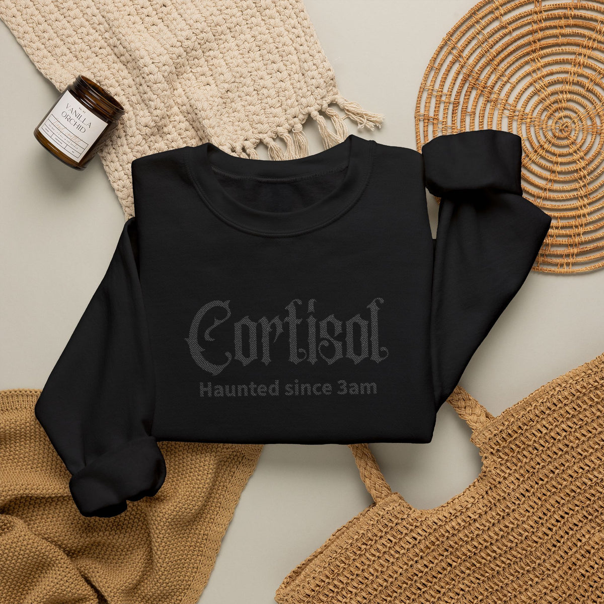 Embroidered Cortisol Sweatshirt, Haunted Since 3am Crewneck, Gothic Insomnia Stress Pullover, Funny Mental Health Fall Spooky Season Sweater